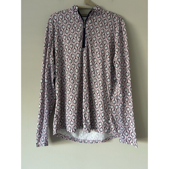 SanSoleil UPF 50+ 1/4 Zip Top with a Pink and Navy Racket Print Size Large Golf - Picture 1 of 9